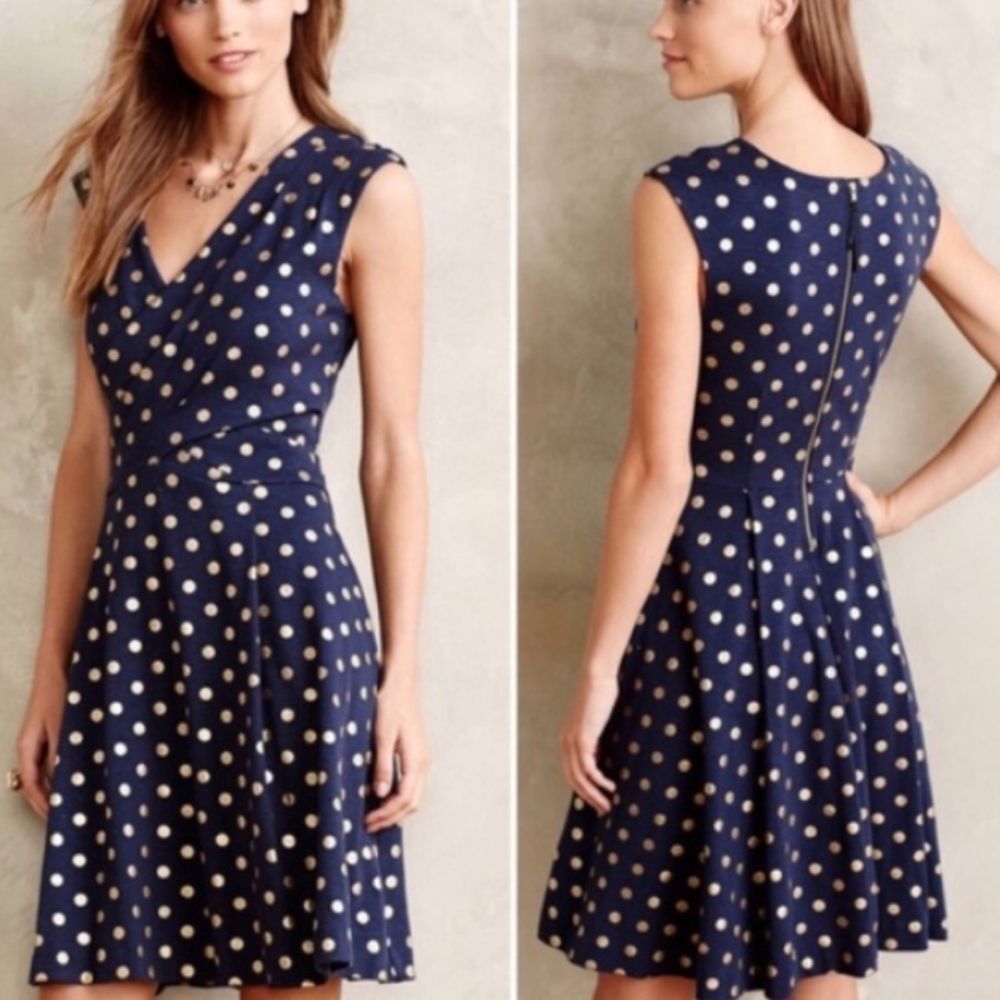 Anthropologie Maeve Navy Blue Polca Dot Dress Small